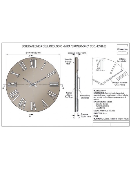 OROLOGIO MIRA BRONZO SPECCHIATO 60CM